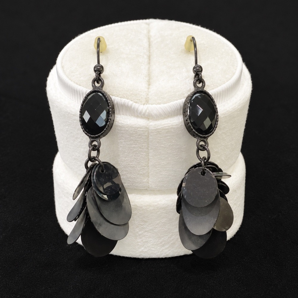 Black Sequin Tiered Drop Earrings Gunmetal Shepherd Hook Dangle Statement